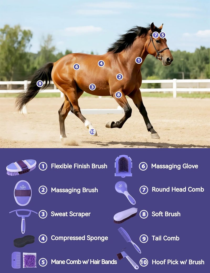 Furrishine 11PCS Horse Grooming Kit Curry Comb Sweat Scraper Horse Bathing Supplies Grooming Tools with Storage Bag Sugar Taro - Image 2
